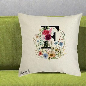 Cadou Personalizat - Perna Personalizata Monogram Litera F cu Flori Acuarela, 40x40 cm, Ecru, Husa Detasabila, Perna Inclusa, BEKZ®