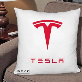 Perna Personalizata cu emblema Tesla, 40x40 cm, Alb Pufos, Husa Detasabila, Perna Inclusa, BEKZ®
