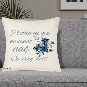 Cadou pentru Nas - Perna Personalizata Pentru Cel mai Minunat Nas Cu drag Finii, 40x40 cm, Crem Reliefat, Husa Detasabila, Perna Inclusa, BEKZ®