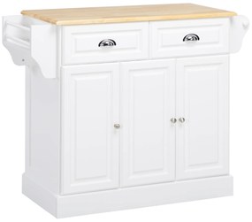 HOMCOM, Insulă de bucătărie pe roți, cu 2 sertare, suport pentru condimente și suport pentru ștergare, 110 x 45 x 91 cm, alb | Aosom Romania