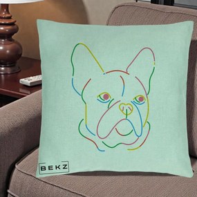 Perna Decorativa Bulldog Francez Line Art Curcubeu, 40x40 cm, Verde Menta, Husa Detasabila, Perna Inclusa, BEKZ®