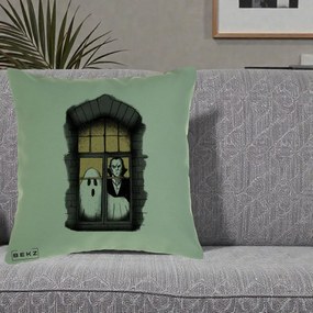 Perna Decorativa Halloween Fantoma si Dracula la Fereastra, 40x40 cm, Verde, Husa Detasabila, Perna Inclusa, BEKZ®