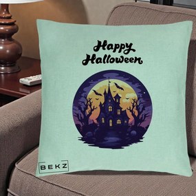 Perna Decorativa Happy Halloween Casa Bantuita Violet, 40x40 cm, Verde Menta, Husa Detasabila, Perna Inclusa, BEKZ®