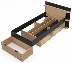 Pat negru/în culoare naturală cu aspect de lemn de stejar cu spațiu de depozitare fără somieră 90x200 cm Albo – Marckeric