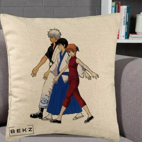 Perna Personalizata Gintama Trio Gintoki Shinpachi Kagura, 40x40 cm, Bej, Husa Detasabila, Perna Inclusa, BEKZ®