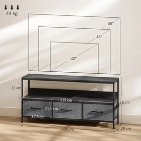 HOMCOM Suport TV Mobil, Până La 55", cu 3 Sertare Textil Pliabile, Raft, 120x29x56 cm, Negru | Aosom Romania