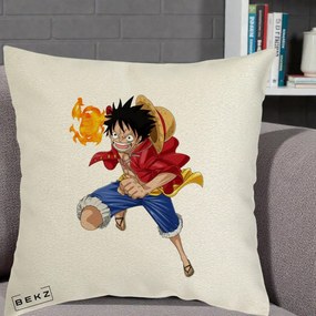 Perna Personalizata One Piece Luffy Gear Second Foc, 40x40 cm, Ecru, Husa Detasabila, Perna Inclusa, BEKZ®