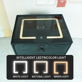 Noptiera inteligenta multifunctionala, iluminare LED tactil, blocare amprentă, incarcare wireless si USB, difuzor Bluetooth, catifea, Negru