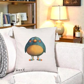 Perna Decorativa Pasare Teal cu Sosete Dunghi, 40x40 cm, Bej cu Franjuri, Husa Detasabila, Perna Inclusa, BEKZ®