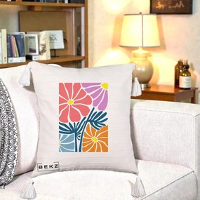 Perna Decorativa Flori Grafice Roz-Orange-Albastru, 40x40 cm, Bej cu Franjuri, Husa Detasabila, Perna Inclusa, BEKZ®