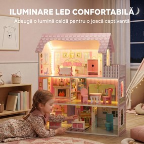 AIYAPLAY Casă de păpuși din lemn pentru copii, 3 niveluri, cu bandă LED DIY, 8 piese de mobilier, 6 camere, 3-6 ani, roz | Aosom Romania