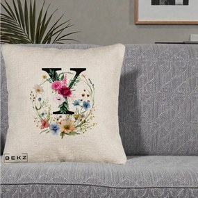 Cadou Personalizat - Perna Personalizata Monograma Florala Litera Y cu Coroana, 40x40 cm, Bej Canapea, Husa Detasabila, Perna Inclusa, BEKZ®