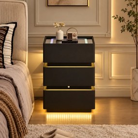 SÉLIA — Noptieră inteligentă cu încărcare Wireless, Bluetooth Stereo, iluminare RGB, USB + Type-C și senzor de mișcare, Negru