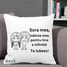 Cadou pentru Sora - Perna Personalizata Sora Mea Te Iubesc Copii Anime Line Art, 40x40 cm, Alba Mata, Husa Detasabila, Perna Inclusa, BEKZ®