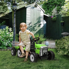 HOMCOM Tractor Electric cu Remorcă Detașabilă, Telecomandă, Muzică și Claxon, pentru Copii de 3-6 Ani, 136,5x50x52,5 cm, Verde | Aosom Romania