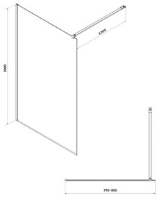 Paravan de dus tip Walk-in Cersanit Mille crom 80x200 cm, grosime 8 mm 800x2000 mm, Crom lucios