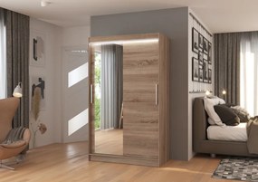 Dulap cu usi glisante si oglinda + iluminare LED, Bario 120 + LED, 120 cmx200 cmx58 cm, ADRK Furniture (Culoare: Alb)