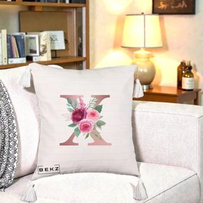 Cadou Personalizat - Perna Personalizata Monograma Rose Gold Litera X, 40x40 cm, Bej cu Franjuri, Husa Detasabila, Perna Inclusa, BEKZ®