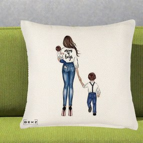 Cadou pentru Mama - Perna Personalizata Mom of Boys Mama cu Baietii, 40x40 cm, Crem Reliefat, Husa Detasabila, Perna Inclusa, BEKZ®