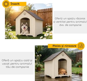 PawHut Căsuță pentru Câini de Exterior, Talie Mare și XL, Adăpost din Plastic Impermeabil cu Bază Ridicată, Ferestre și Acoperiș Înclinat pentru Grădină, Terasă, Curte, 102x94x103 cm, Bej | Aosom Romania