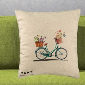 Perna Decorativa Bicicleta Florala Turcoaz Acuarela, 40x40 cm, Bej, Husa Detasabila, Perna Inclusa, BEKZ®