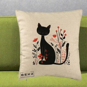 Perna Decorativa Pisica Neagra Flori Rosii Folk Minimal, 40x40 cm, Bej, Husa Detasabila, Perna Inclusa, BEKZ®