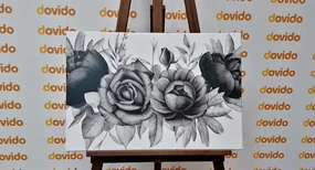 Tablou combinație fermecătoare de flori și frunze în design alb-negru