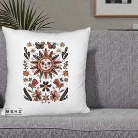 Perna Decorativa Soare Boho Folk Fluturi, 40x40 cm, Alb Pufos, Husa Detasabila, Perna Inclusa, BEKZ®