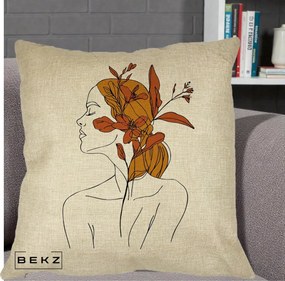 Perna Decorativa Portret Feminin Crin Ruginiu Auriu, 40x40 cm, Crem, Husa Detasabila, Perna Inclusa, BEKZ®