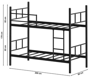 Pat supraetajat metalic MAVEN 90x200 cm, negru, capacitate 2 x 100 kg