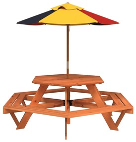 3281627 vidaXL Masă picnic pentru 6 copii cu umbrelă, hexagon, lemn masiv brad