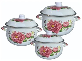 Set de 3 oale cu capac emailat Rosberg R54518G3, 6 piese, Emailate, Inducție, Alb/Imprimeu floral