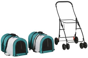 PawHut Cochecito Dublu pentru Câini Pisici Pliabil cu 2 Transportoare Extraibile cu Centură și Perne 66x50x98 cm Verde și Gri | Aosom Romania