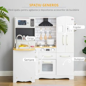 Bucatarie jucarie pentru copii 3-6 ani cu 2 oale, 3 cutite si furculite, 2 sticle si multe altele, alba, 82x65x87cm HOMCOM | Aosom Romania