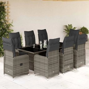 vidaXL Set bistro de grădină cu perne, 9 piese, gri, poliratan