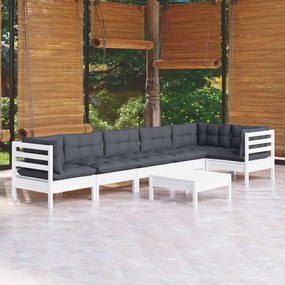 Set mobilier de gradina cu perne, 7 piese, alb, lemn de pin Alb, 7