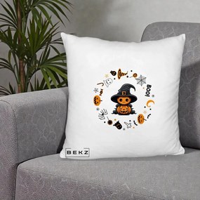 Perna Decorativa Halloween Dovleac Vrajitor Boo cu Simboluri, 40x40 cm, Alb Pufos, Husa Detasabila, Perna Inclusa, BEKZ®