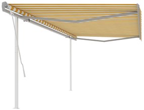 vidaXL Copertină retractabilă manual cu stâlpi, galben și alb 5x3,5 m