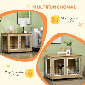 PawHut Cușcă pentru Câini de Talie Medie și Mare cu 2 Uși Blocabile și Pernă Lavabilă, 90x58x65 cm, Stejar | Aosom Romania