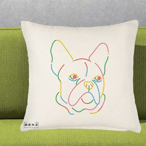 Perna Decorativa Bulldog Francez Line Art Curcubeu, 40x40 cm, Crem Reliefat, Husa Detasabila, Perna Inclusa, BEKZ®