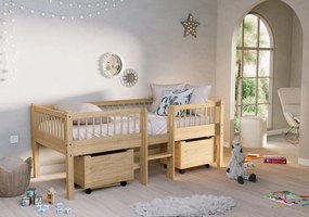 Pat Semi-Înălțat (Mid Sleeper) Forrest Oak 90x200 cm, pentru Camera Copii, din Lemn de Stejar, Natur, cu Scară și 2 Sertare – Vipack