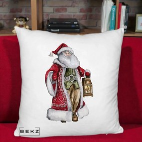 Perna Decorativa Mos Craciun Vintage cu Felinar, 40x40 cm, Alb Pufos, Husa Detasabila, Perna Inclusa, BEKZ®