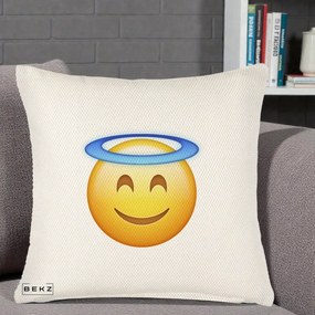 Perna Decorativa Emoji Inger cu Aureola, 40x40 cm, Crem Reliefat, Husa Detasabila, Perna Inclusa, BEKZ®