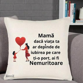Cadou pentru Mama - Perna Personalizata Mama Nemuritoare cu Bebelus Kawaii, 40x40 cm, Crem Reliefat, Husa Detasabila, Perna Inclusa, BEKZ®