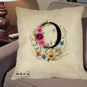 Cadou Personalizat - Perna Personalizata Monogram Litera O cu Flori Acuarela, 40x40 cm, Crem, Husa Detasabila, Perna Inclusa, BEKZ®