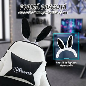 Vinsetto scaun gaming cu urechi de iepuraș, suport pentru picioare, perne, reclinabil și cu înălțime reglabilă, negru | Aosom Romania
