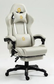 RESIGILAT- Scaun gaming, Masaj in 7 puncte, Boxe Bluetooth, funcție șezlong, 90-155 grade, suport picioare, PU, Alb Crem