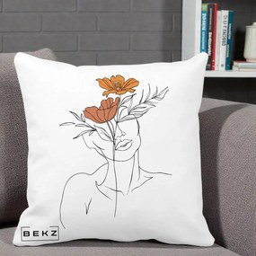 Perna Decorativa Portret Feminin Doua Flori, 40x40 cm, Alba Mata, Husa Detasabila, Perna Inclusa, BEKZ®