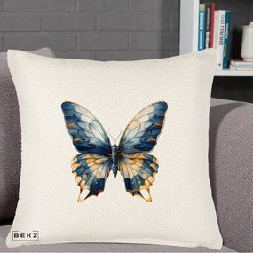 Perna Decorativa Fluture Albastru Auriu Elegant, 40x40 cm, Crem Reliefat, Husa Detasabila, Perna Inclusa, BEKZ®