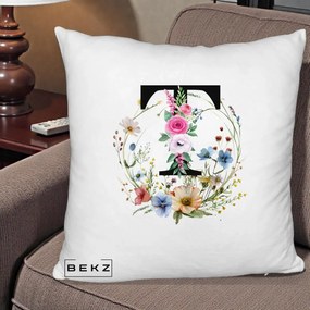 Cadou Personalizat - Perna Personalizata Monogram Litera T cu Flori Acuarela, 40x40 cm, Alb Pufos, Husa Detasabila, Perna Inclusa, BEKZ®